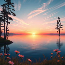 A stunningly beautiful digital artwork of a serene sunset over a tranquil lake, with vibrant orange and pink hues reflecting on the calm water's surface