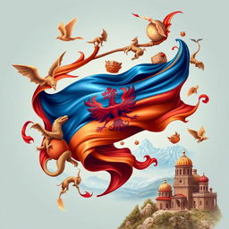 A dynamic, detailed representation of the Armenian flag intertwined with traditional Armenian myths and folklore elements