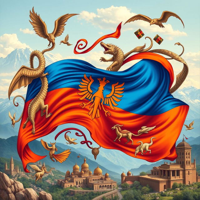 A dynamic, detailed representation of the Armenian flag intertwined with traditional Armenian myths and folklore elements