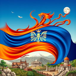 A dynamic, detailed representation of the Armenian flag intertwined with traditional Armenian myths and folklore elements