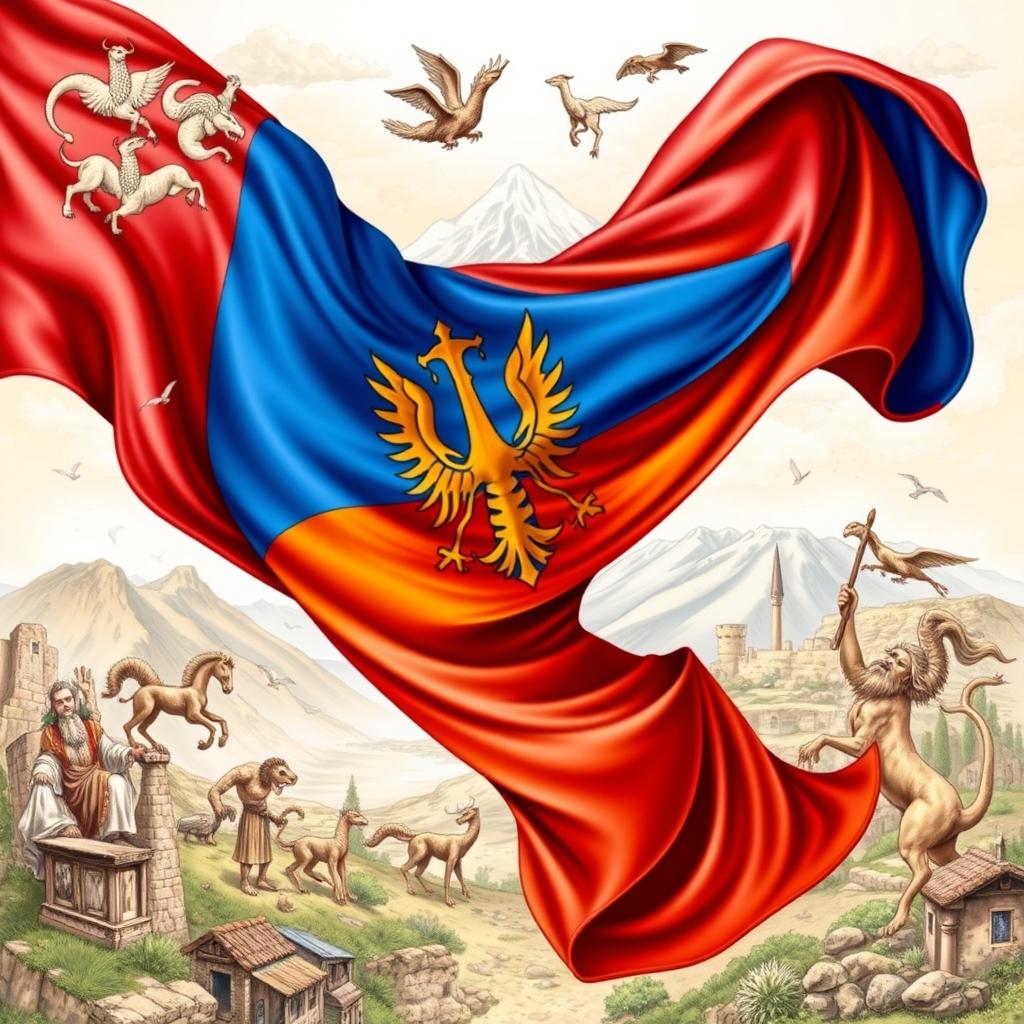 A dynamic, detailed representation of the Armenian flag intertwined with traditional Armenian myths and folklore elements