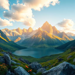A breathtaking digital landscape of a sunlit mountain range, showcasing majestic peaks bathed in golden sunlight during the golden hour