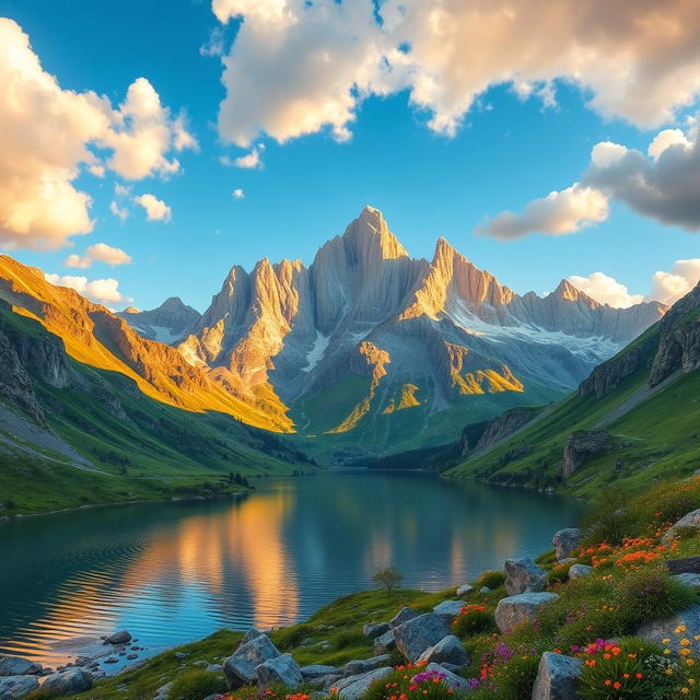 A breathtaking digital landscape of a sunlit mountain range, showcasing majestic peaks bathed in golden sunlight during the golden hour