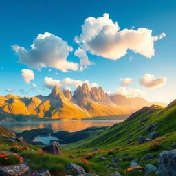 A breathtaking digital landscape of a sunlit mountain range, showcasing majestic peaks bathed in golden sunlight during the golden hour