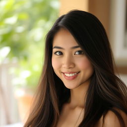 A captivating young woman with long flowing hair gazing directly into the camera