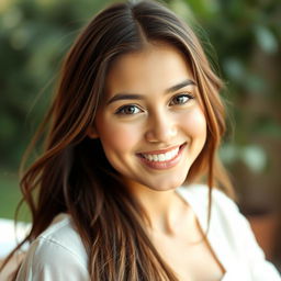 A captivating young woman with long flowing hair gazing directly into the camera