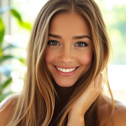 A captivating young woman with long flowing hair gazing directly into the camera