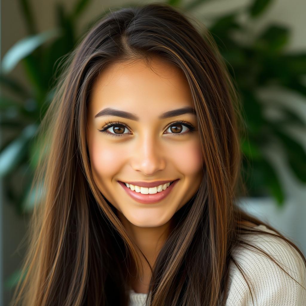 A captivating young woman with long flowing hair gazing directly into the camera