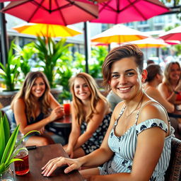 A group of friends sitting together at a lively outdoor café, enjoying each other's company