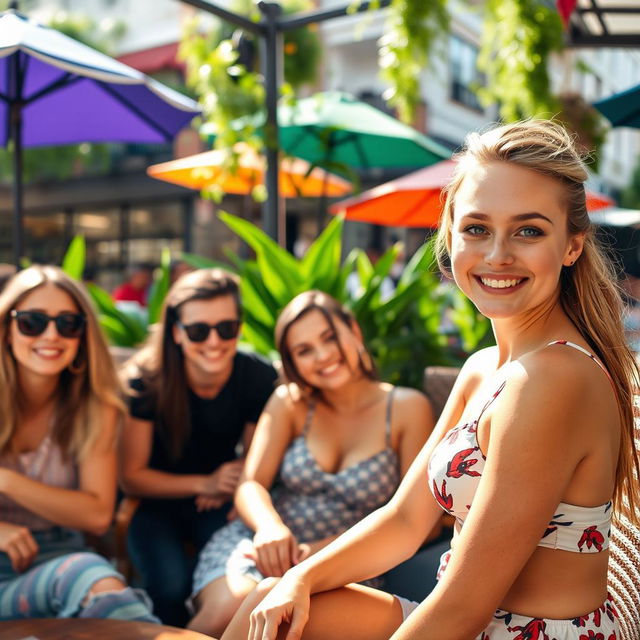 A group of friends sitting together at a lively outdoor café, enjoying each other's company