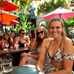 A group of friends sitting together at a lively outdoor café, enjoying each other's company