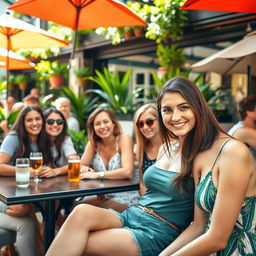 A group of friends sitting together at a lively outdoor café, enjoying each other's company