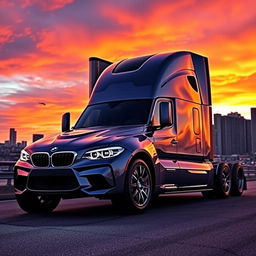 A surreal scene featuring a BMW M2 car transformed into a semi-truck, creatively blending the sleek design of the sports car with the robust features of a freight truck