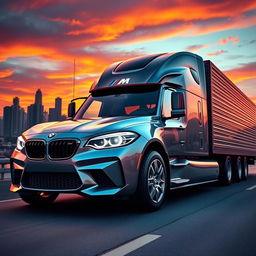 A surreal scene featuring a BMW M2 car transformed into a semi-truck, creatively blending the sleek design of the sports car with the robust features of a freight truck