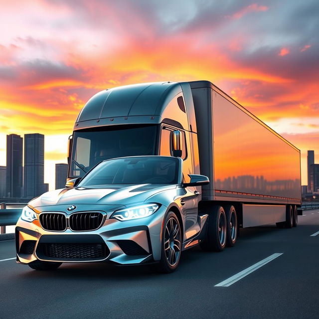 A surreal scene featuring a BMW M2 car transformed into a semi-truck, creatively blending the sleek design of the sports car with the robust features of a freight truck