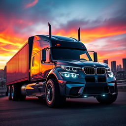 A surreal scene featuring a BMW M2 car transformed into a semi-truck, creatively blending the sleek design of the sports car with the robust features of a freight truck