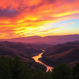 A stunning landscape featuring a beautiful background with rolling hills under a vibrant sunset sky, painted in warm hues of orange, pink, and purple