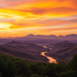 A stunning landscape featuring a beautiful background with rolling hills under a vibrant sunset sky, painted in warm hues of orange, pink, and purple