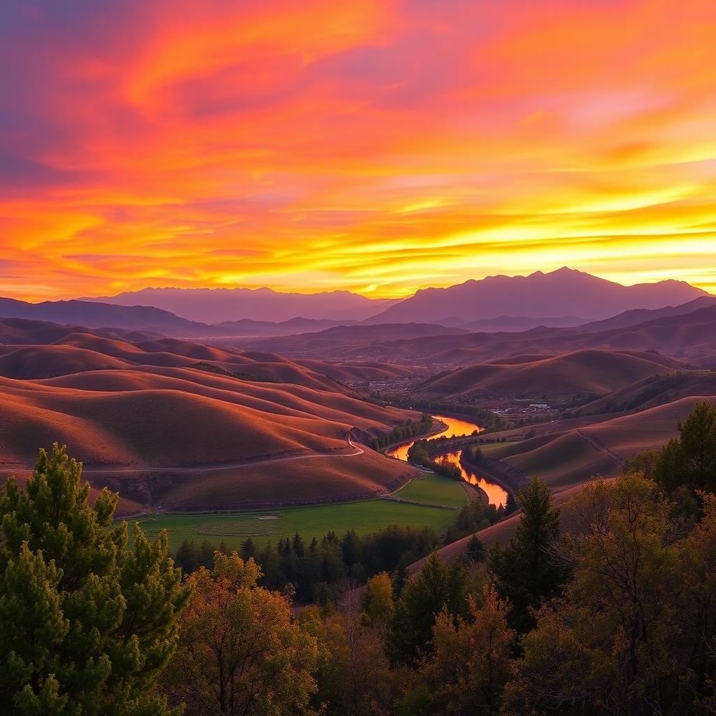 A stunning landscape featuring a beautiful background with rolling hills under a vibrant sunset sky, painted in warm hues of orange, pink, and purple