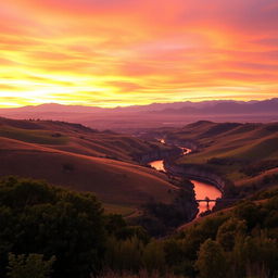 A stunning landscape featuring a beautiful background with rolling hills under a vibrant sunset sky, painted in warm hues of orange, pink, and purple