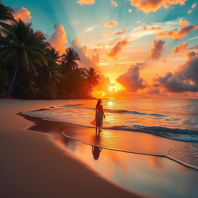 A beautiful, glowing sunset over a serene beach, with gentle waves lapping at the shore, surrounded by lush tropical trees and flowers