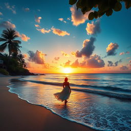 A beautiful, glowing sunset over a serene beach, with gentle waves lapping at the shore, surrounded by lush tropical trees and flowers