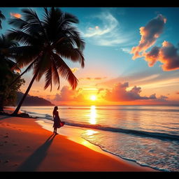 A beautiful, glowing sunset over a serene beach, with gentle waves lapping at the shore, surrounded by lush tropical trees and flowers