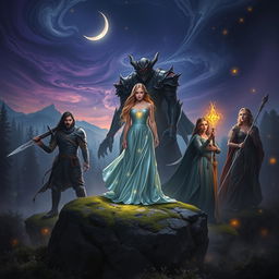 A magical and intense scene featuring Eira standing confidently on a moss-covered rock at the center, wearing a shimmering gown of soft blues and silvers that glows under the moonlight