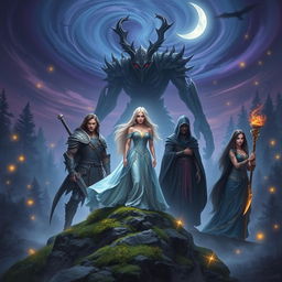 A magical and intense scene featuring Eira standing confidently on a moss-covered rock at the center, wearing a shimmering gown of soft blues and silvers that glows under the moonlight