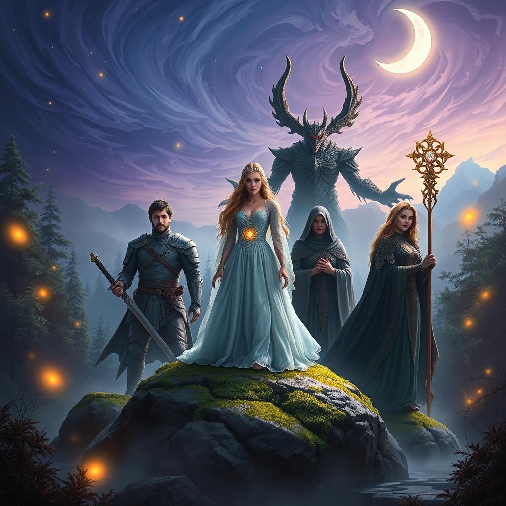 A magical and intense scene featuring Eira standing confidently on a moss-covered rock at the center, wearing a shimmering gown of soft blues and silvers that glows under the moonlight