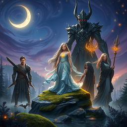 A magical and intense scene featuring Eira standing confidently on a moss-covered rock at the center, wearing a shimmering gown of soft blues and silvers that glows under the moonlight