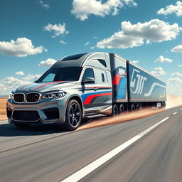 A surreal and imaginative illustration of a BMW M5 transformed into a semi-truck