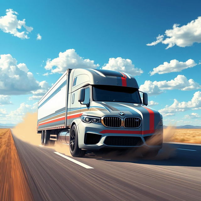 A surreal and imaginative illustration of a BMW M5 transformed into a semi-truck