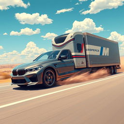 A surreal and imaginative illustration of a BMW M5 transformed into a semi-truck