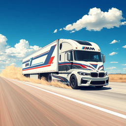 A surreal and imaginative illustration of a BMW M5 transformed into a semi-truck