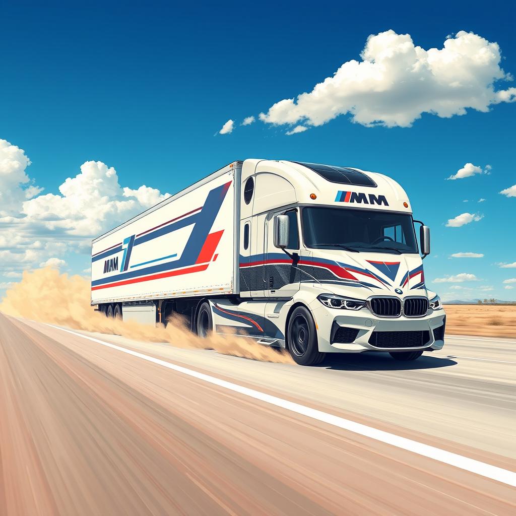 A surreal and imaginative illustration of a BMW M5 transformed into a semi-truck