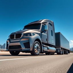 A surreal interpretation of a BMW M4 transformed into a semi-truck, showcasing the sleek design elements of the car blended with the robust features of a truck