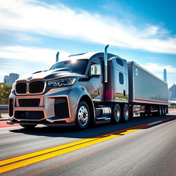 A surreal interpretation of a BMW M4 transformed into a semi-truck, showcasing the sleek design elements of the car blended with the robust features of a truck