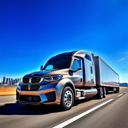 A surreal interpretation of a BMW M4 transformed into a semi-truck, showcasing the sleek design elements of the car blended with the robust features of a truck