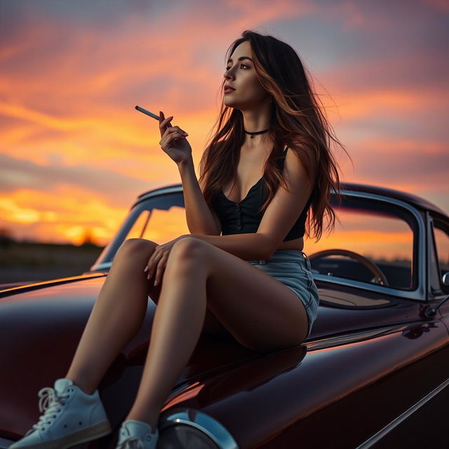 A young woman casually sitting on the hood of a vintage car, exuding a relaxed vibe