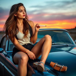 A young woman casually sitting on the hood of a vintage car, exuding a relaxed vibe