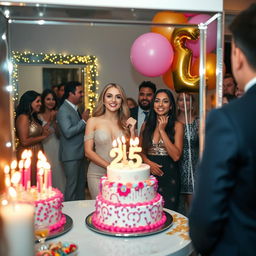 A vibrant birthday celebration scene featuring a stunning mirror reflecting a beautiful 25th birthday celebration