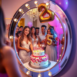 A vibrant birthday celebration scene featuring a stunning mirror reflecting a beautiful 25th birthday celebration