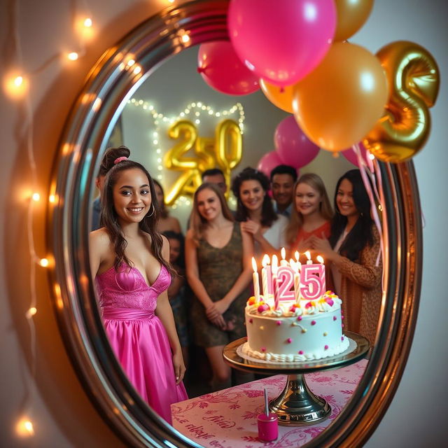 A vibrant birthday celebration scene featuring a stunning mirror reflecting a beautiful 25th birthday celebration