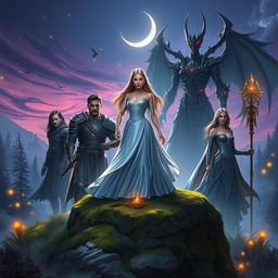 Eira stands confidently on a moss-covered rock at the center, wearing a shimmering gown of soft blues and silvers that glows under the moonlight