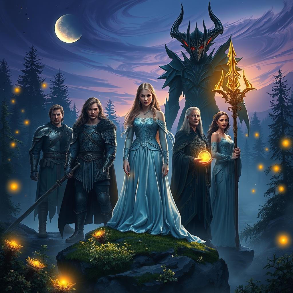 Eira stands confidently on a moss-covered rock at the center, wearing a shimmering gown of soft blues and silvers that glows under the moonlight