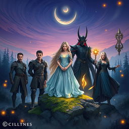 Eira stands confidently on a moss-covered rock at the center, wearing a shimmering gown of soft blues and silvers that glows under the moonlight