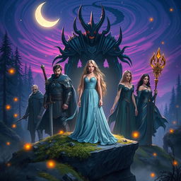 Eira stands confidently on a moss-covered rock at the center, wearing a shimmering gown of soft blues and silvers that glows under the moonlight
