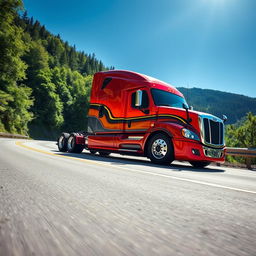 A striking semi-truck designed with a sports car aesthetic, showcasing a sleek, aerodynamic body with vibrant racing stripes