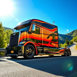 A striking semi-truck designed with a sports car aesthetic, showcasing a sleek, aerodynamic body with vibrant racing stripes